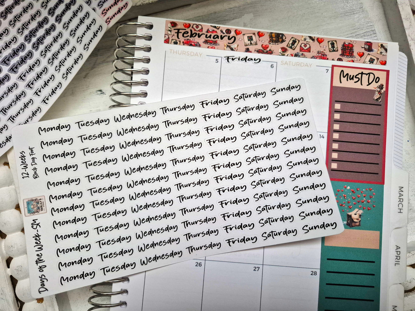 Days of the Week Script Planner Stickers, Weekday Script Planner Stickers