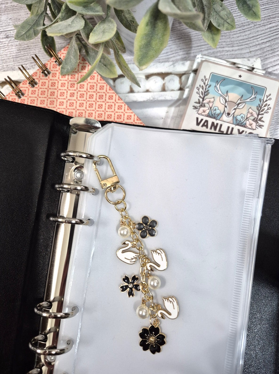 Swan & Black Floral Planner Charm | Binder Charm | Travelers Notebook Charm | Dangle Charm | Purse, Bag Charm