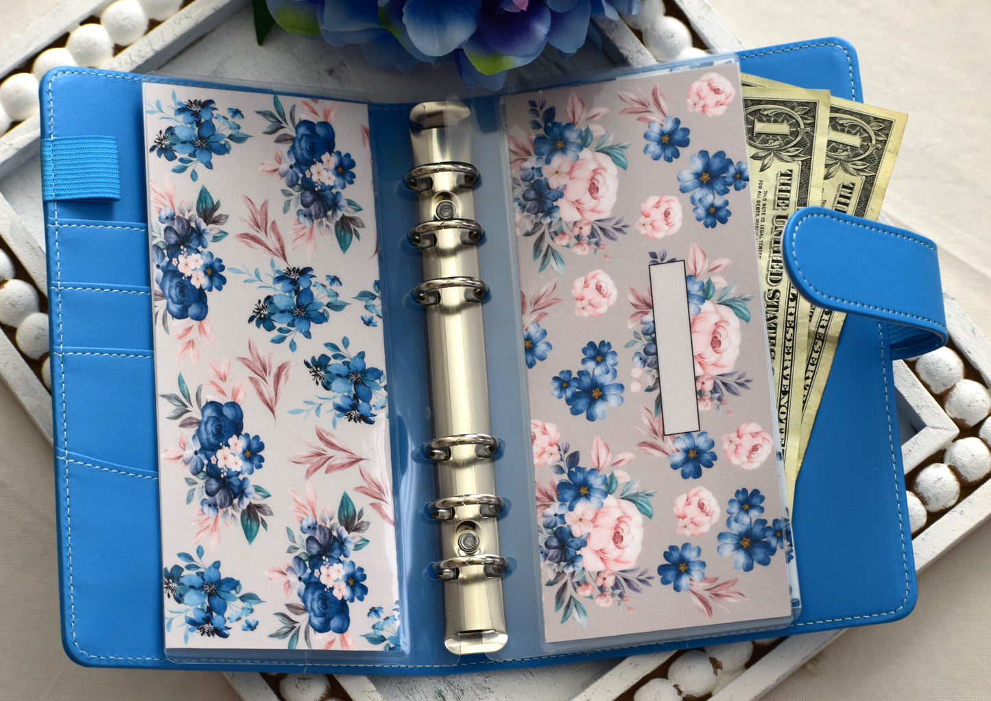 A6 Laminated Cash Envelopes, Cash Binder Envelope, Blue Flower Theme
