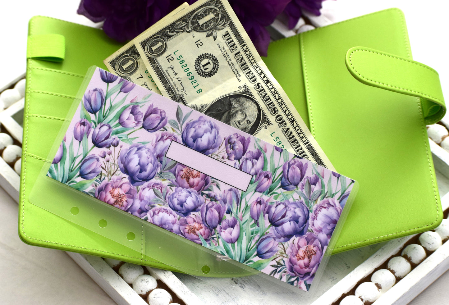 A6 Laminated Cash Envelopes, Cash Binder Envelope, Purple Blooms Theme