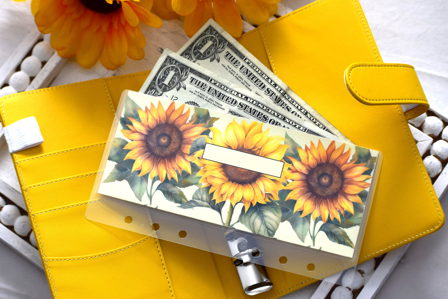 A6 Laminated Cash Envelopes, Cash Binder Envelope, Sunflowers Theme