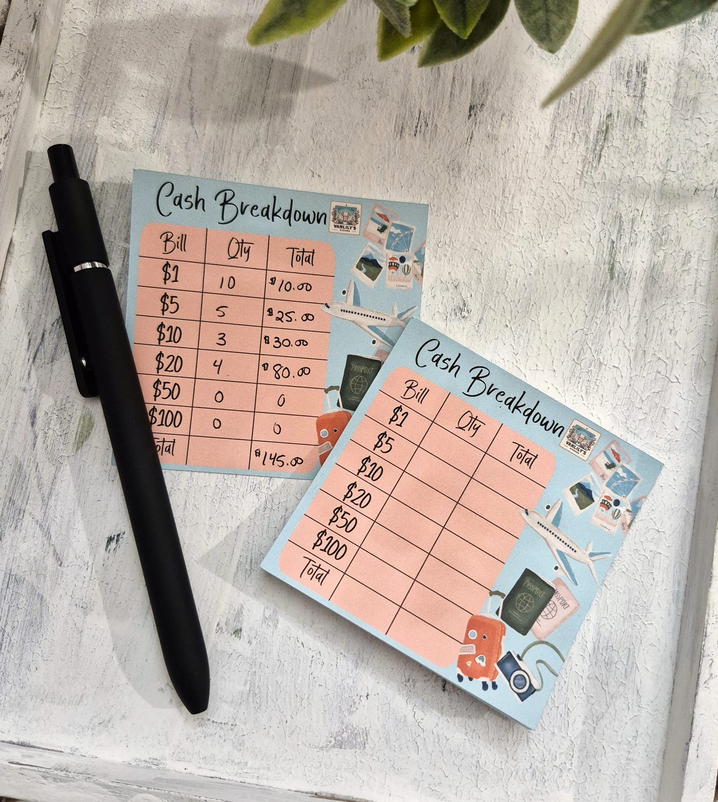 Cash Breakdown Teller Slips Notepad, Travel Theme