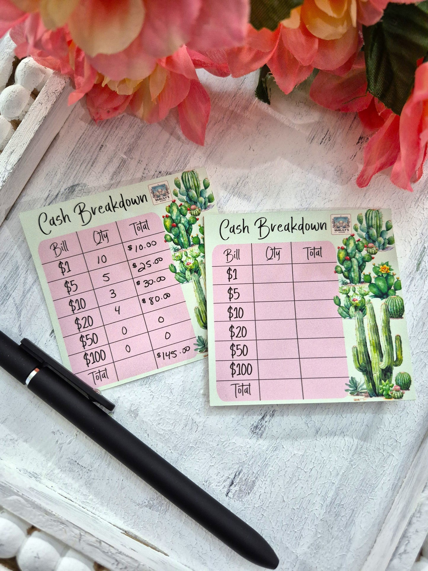 Cash Breakdown Teller Slips Notepad, Cactus Theme