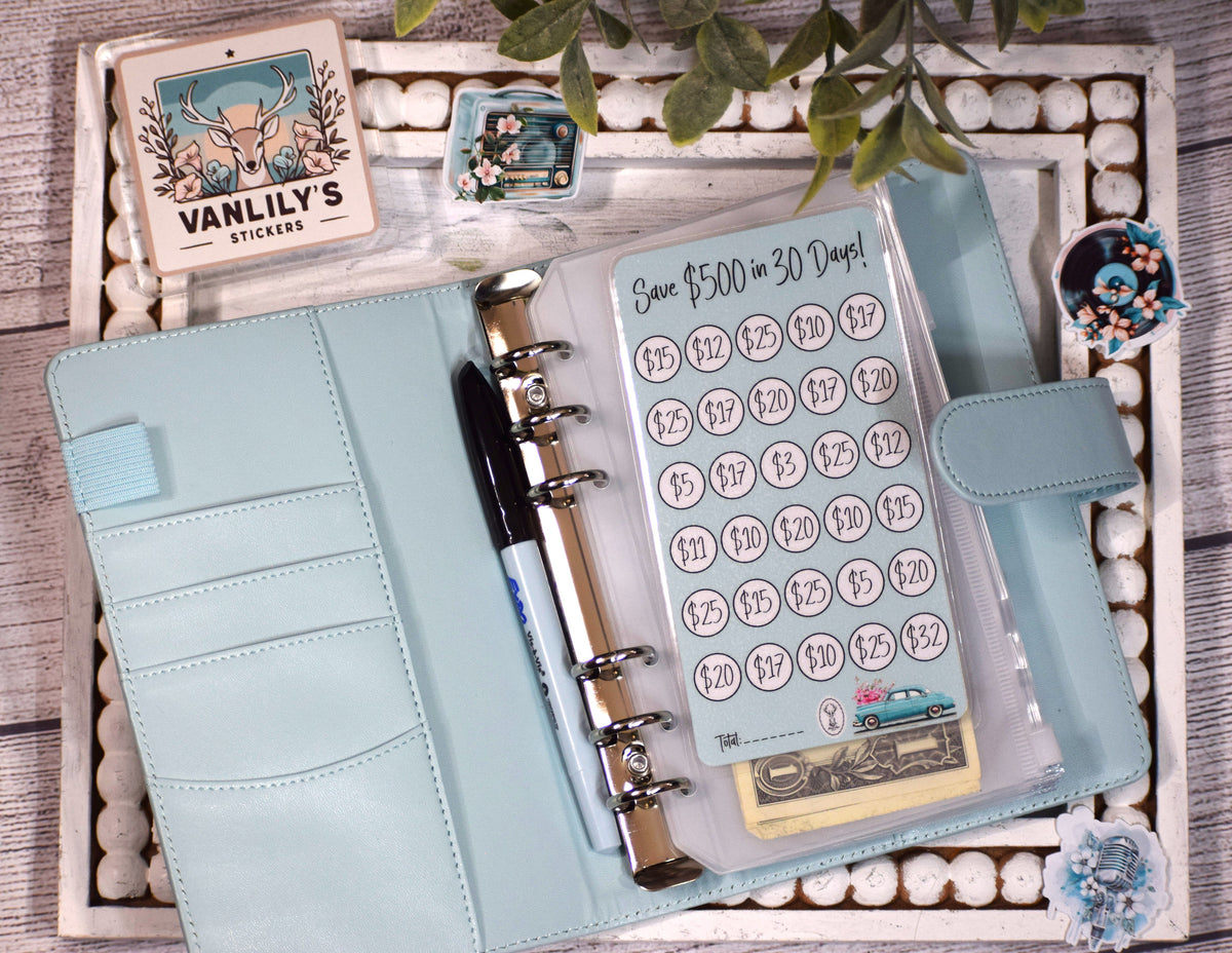 500 in 30 Days Savings Challenge | A6 Laminated Budget Binder Insert | Cash Envelope Budgeting | 50's Era Savings Tracker | Cash Budgeting