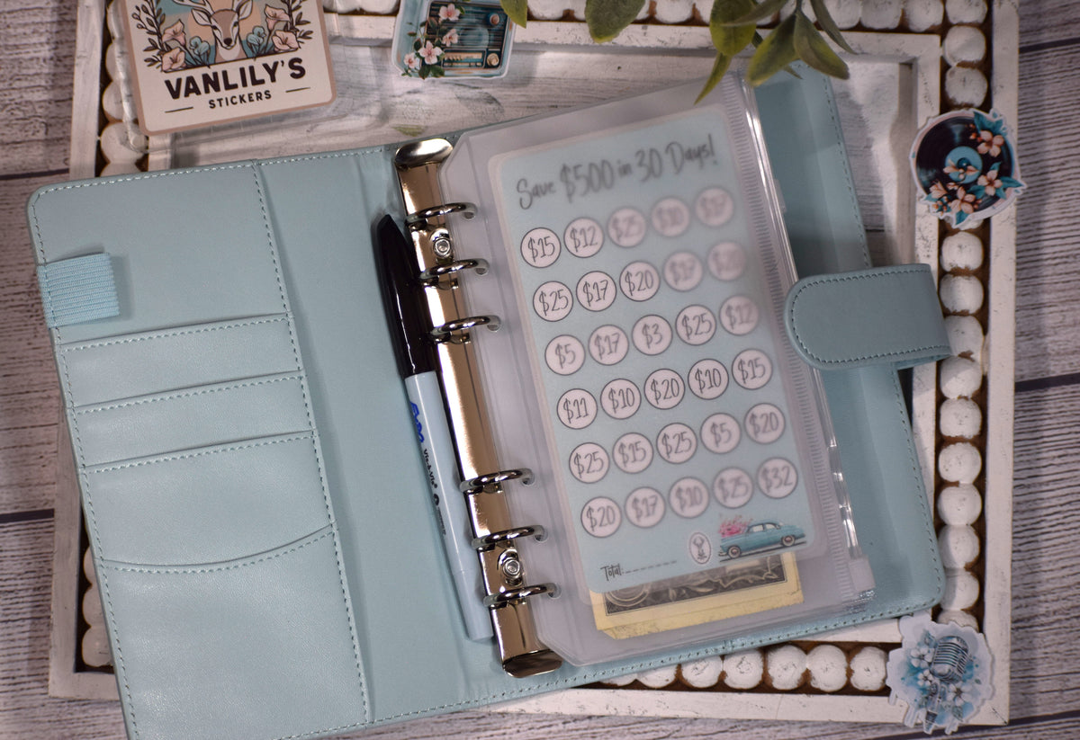 500 in 30 Days Savings Challenge | A6 Laminated Budget Binder Insert | Cash Envelope Budgeting | 50's Era Savings Tracker | Cash Budgeting
