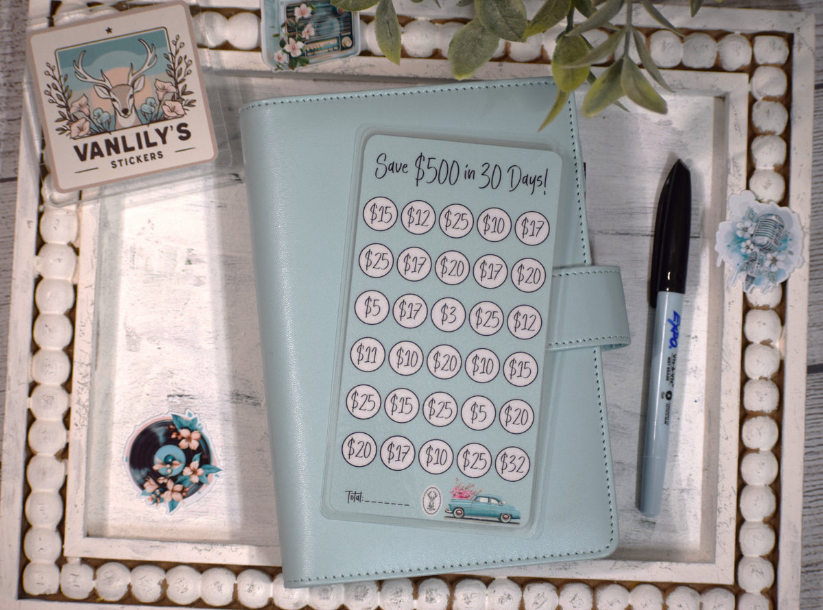 500 in 30 Days Savings Challenge | A6 Laminated Budget Binder Insert | Cash Envelope Budgeting | 50's Era Savings Tracker | Cash Budgeting