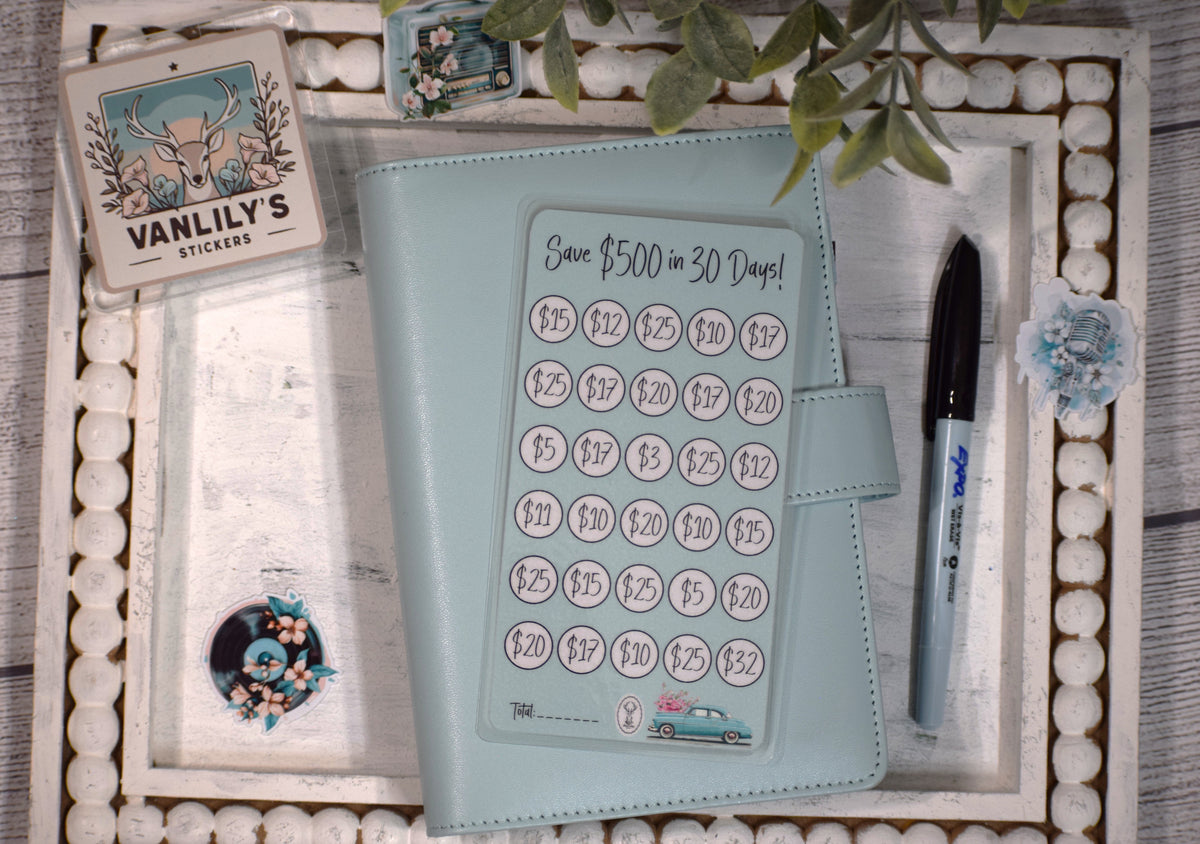 500 in 30 Days Savings Challenge | A6 Laminated Budget Binder Insert | Cash Envelope Budgeting | 50's Era Savings Tracker | Cash Budgeting