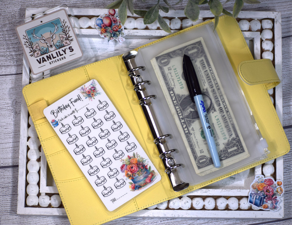 Birthday Fund Savings Challenge | A6 Laminated Budget Binder Insert | Cash Envelope Budgeting |  Cake Savings Tracker