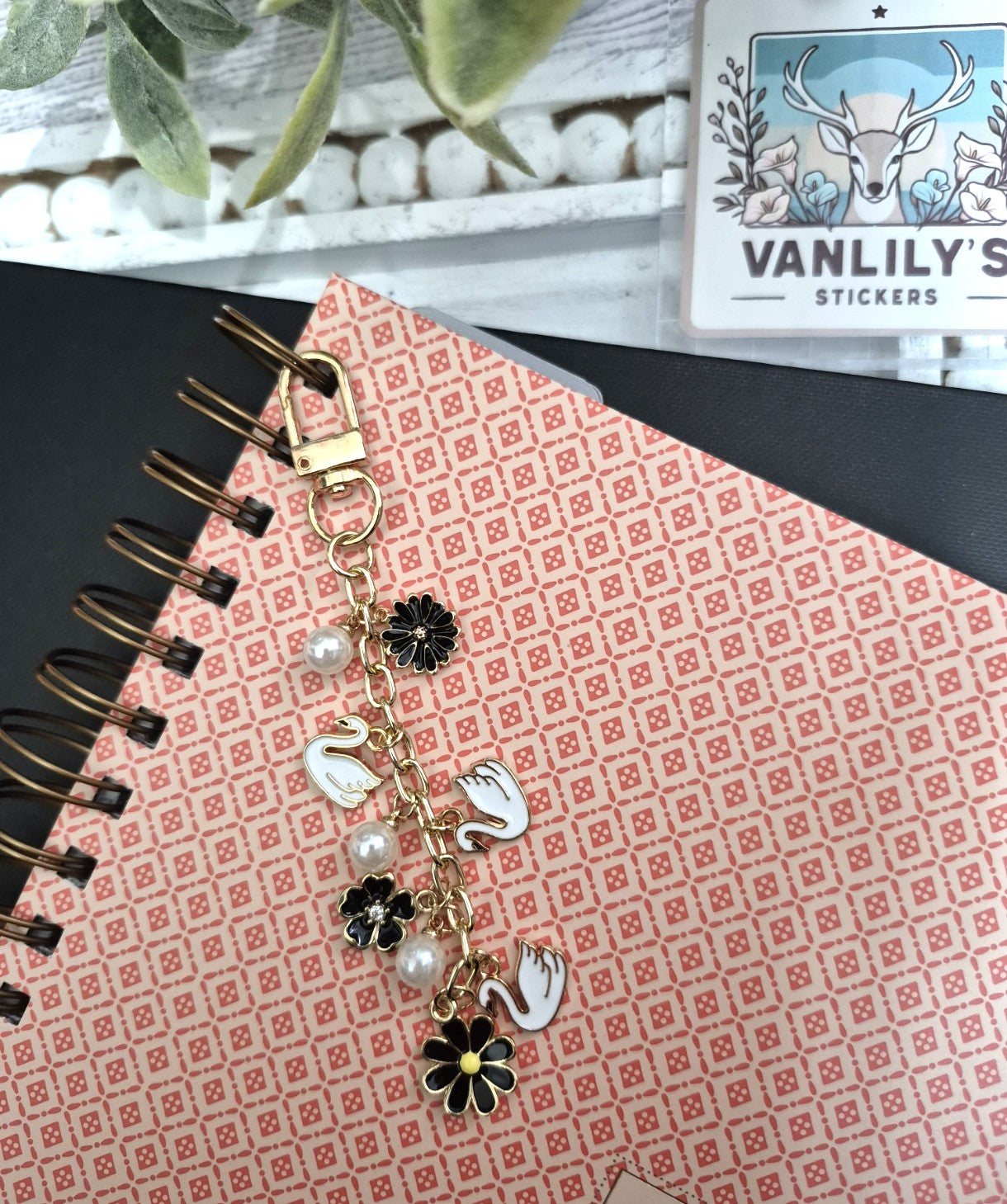 Swan & Black Floral Planner Charm | Binder Charm | Travelers Notebook Charm | Dangle Charm | Purse, Bag Charm