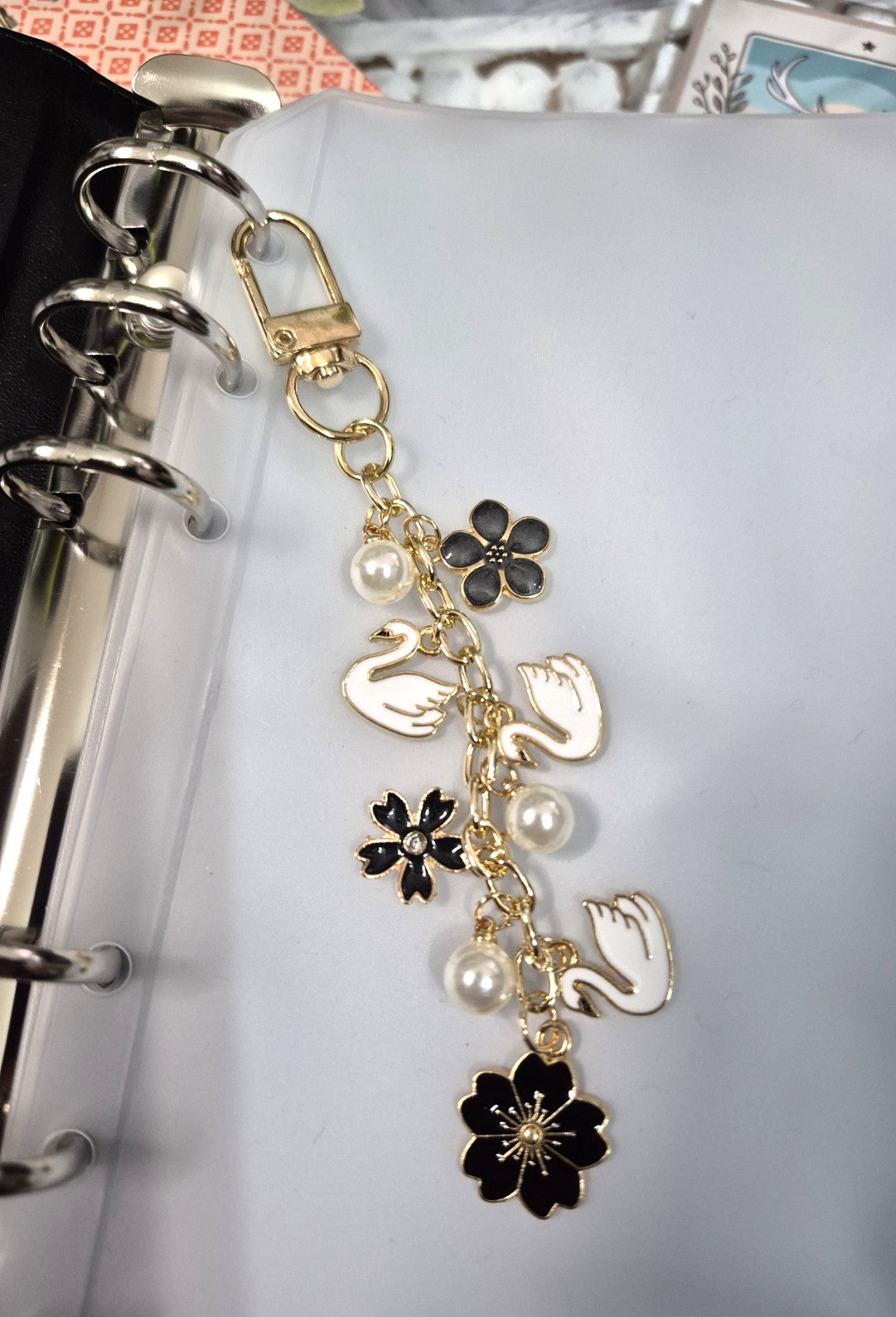 Swan & Black Floral Planner Charm | Binder Charm | Travelers Notebook Charm | Dangle Charm | Purse, Bag Charm