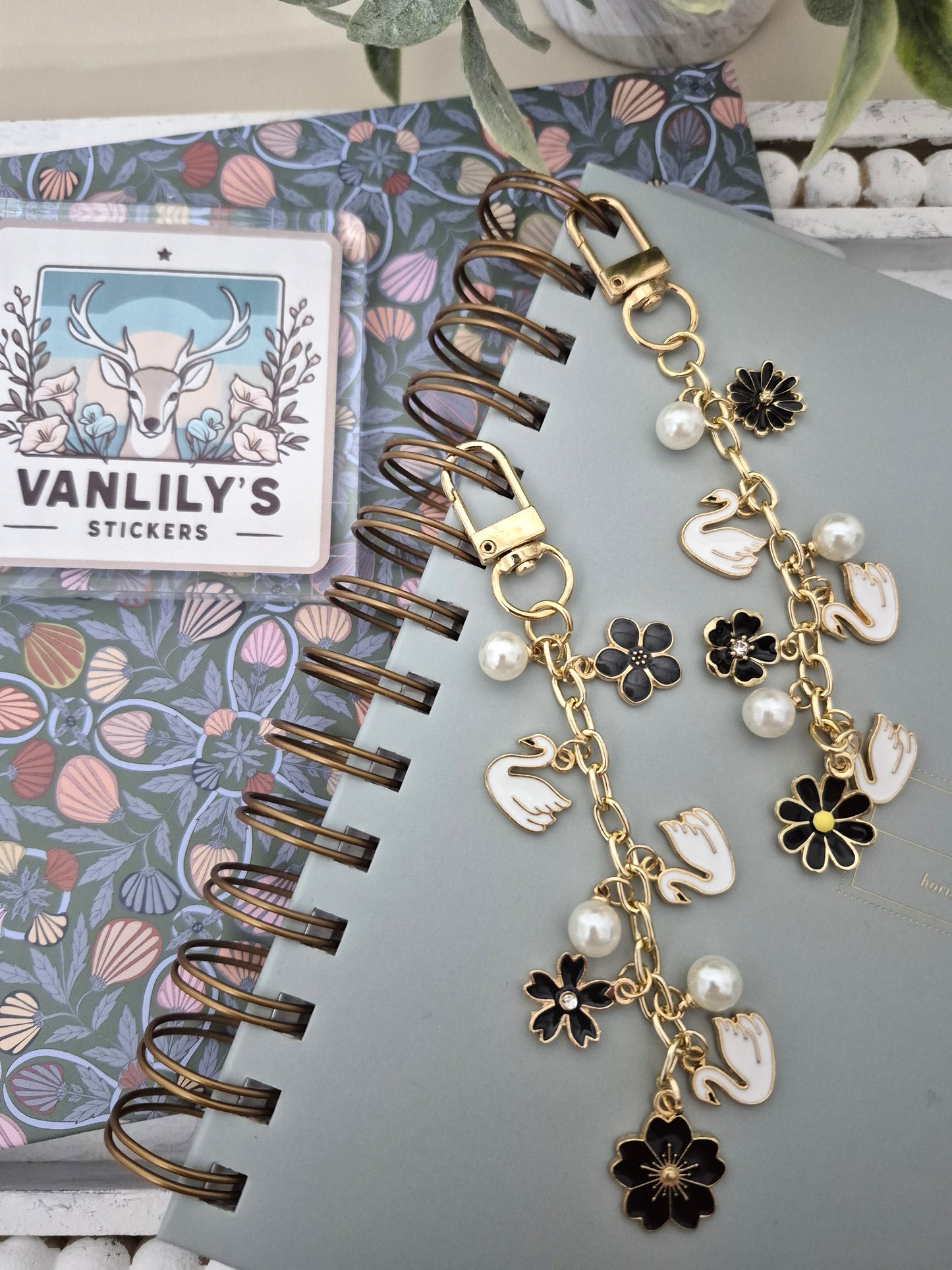 Swan & Black Floral Planner Charm | Binder Charm | Travelers Notebook Charm | Dangle Charm | Purse, Bag Charm