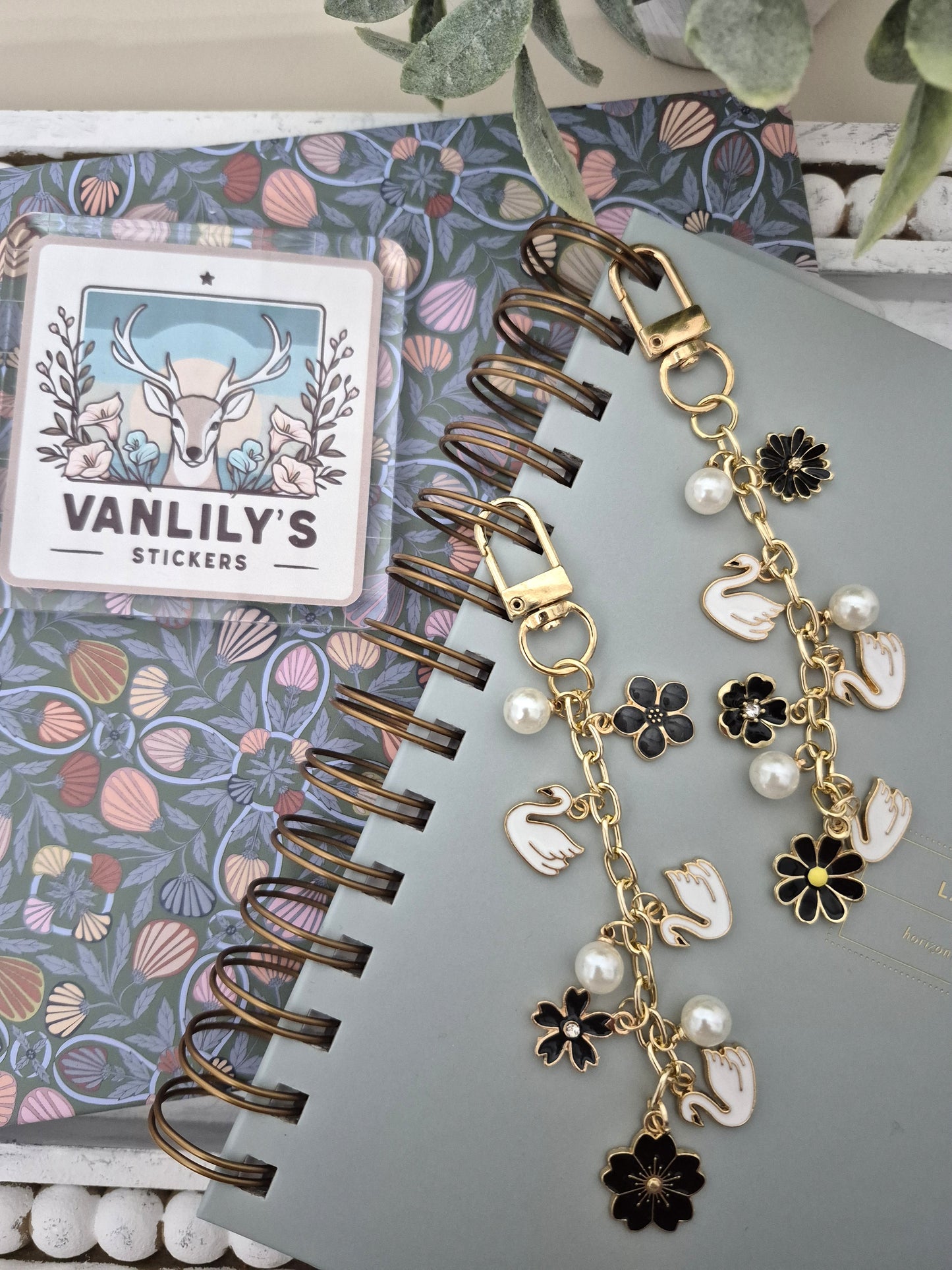 Swan & Black Floral Planner Charm | Binder Charm | Travelers Notebook Charm | Dangle Charm | Purse, Bag Charm