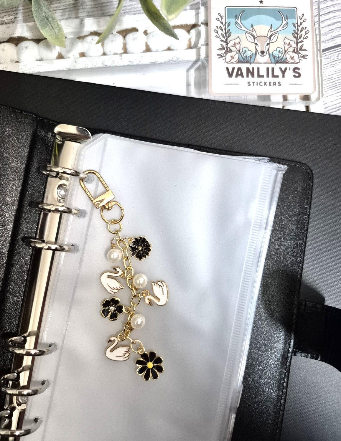 Swan & Black Floral Planner Charm | Binder Charm | Travelers Notebook Charm | Dangle Charm | Purse, Bag Charm