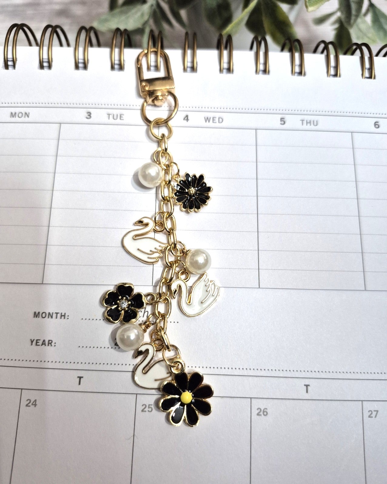 Swan & Black Floral Planner Charm | Binder Charm | Travelers Notebook Charm | Dangle Charm | Purse, Bag Charm