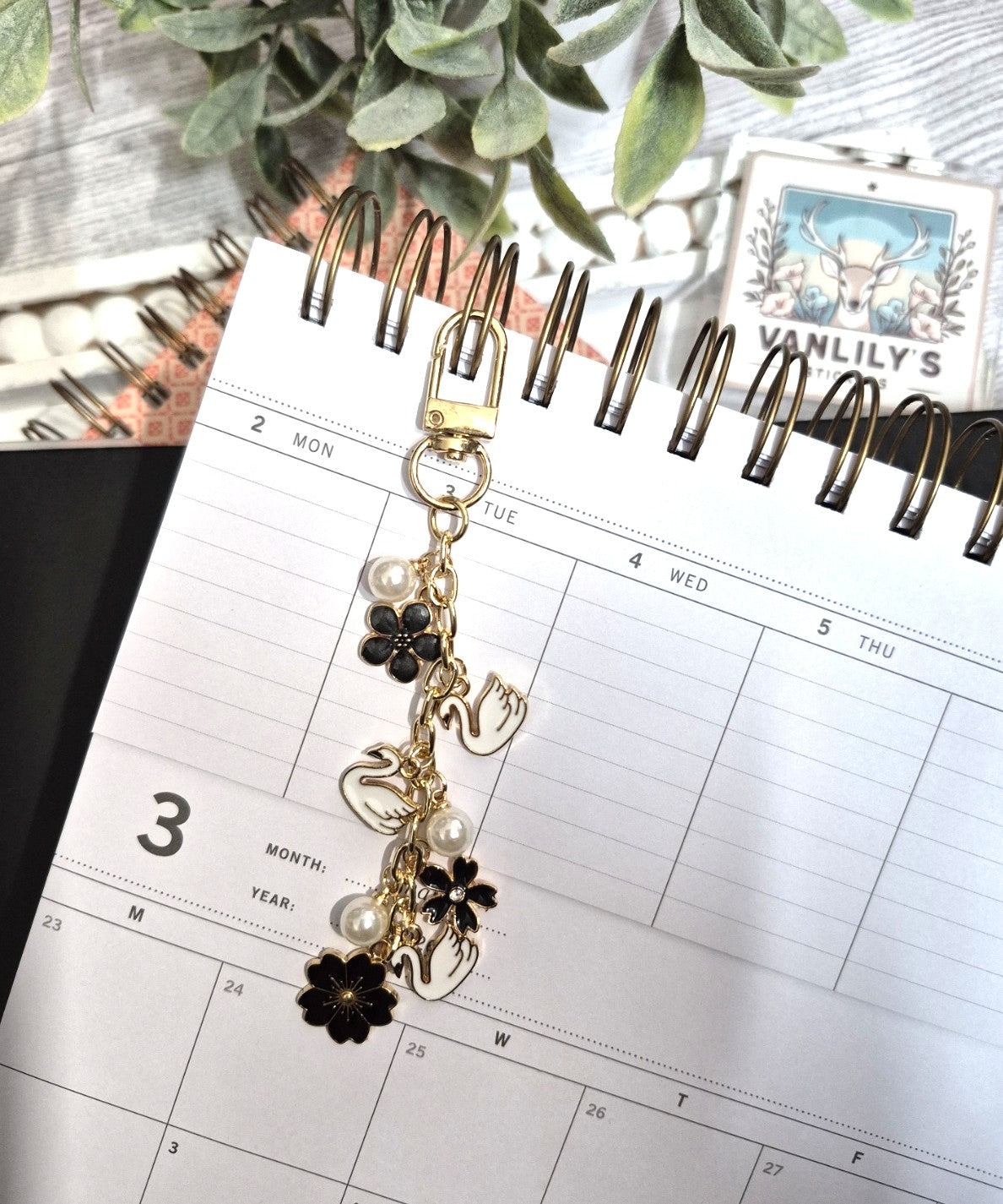 Swan & Black Floral Planner Charm | Binder Charm | Travelers Notebook Charm | Dangle Charm | Purse, Bag Charm