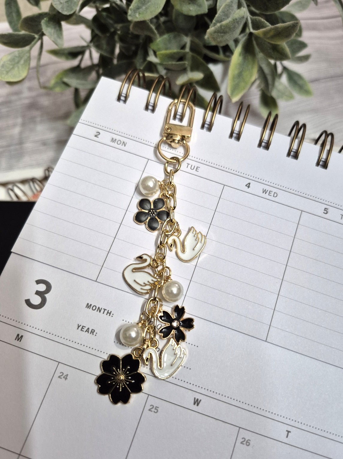 Swan & Black Floral Planner Charm | Binder Charm | Travelers Notebook Charm | Dangle Charm | Purse, Bag Charm