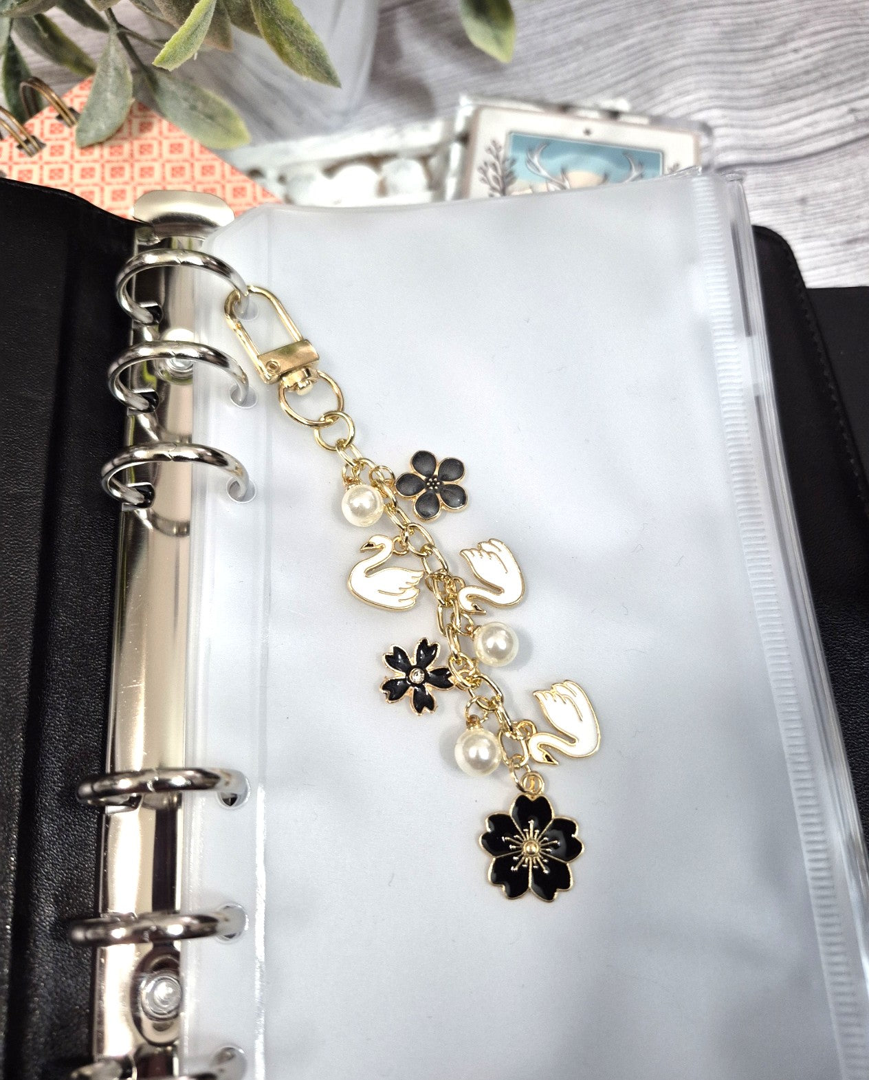 Swan & Black Floral Planner Charm | Binder Charm | Travelers Notebook Charm | Dangle Charm | Purse, Bag Charm