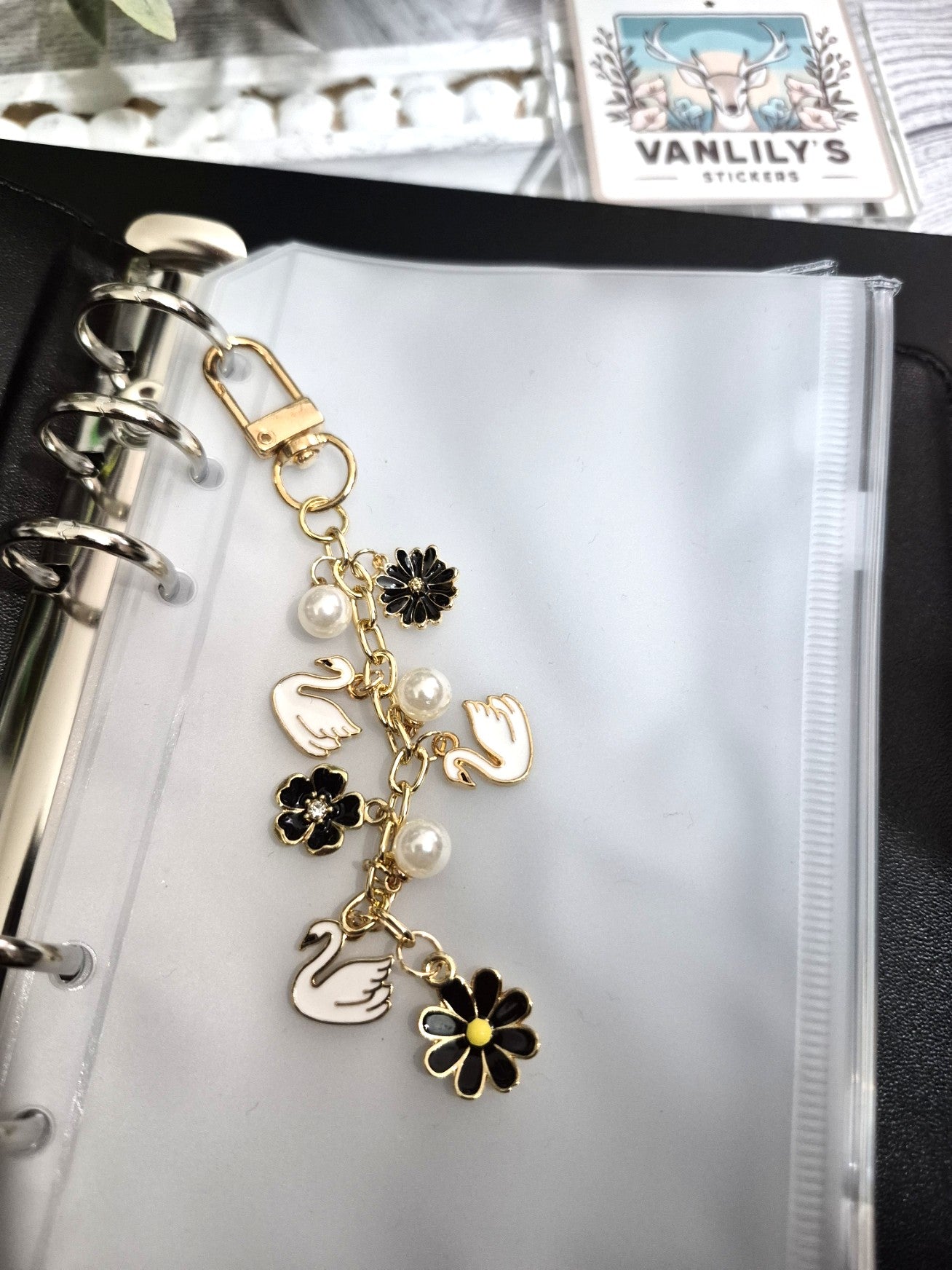 Swan & Black Floral Planner Charm | Binder Charm | Travelers Notebook Charm | Dangle Charm | Purse, Bag Charm