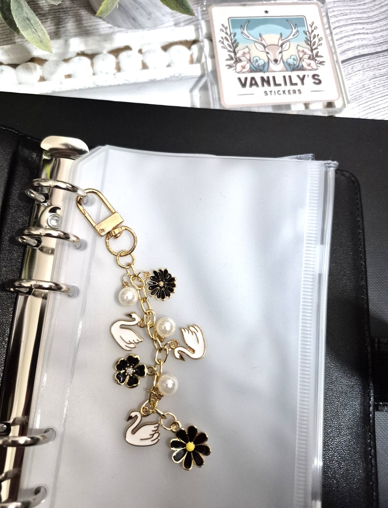 Swan & Black Floral Planner Charm | Binder Charm | Travelers Notebook Charm | Dangle Charm | Purse, Bag Charm