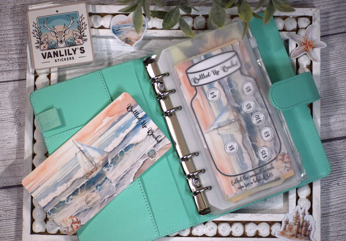 Bottled Up Bucks Savings Challenge with Sticker Sheet | A6 Laminated Budget Binder Insert | Beach Savings Tracker