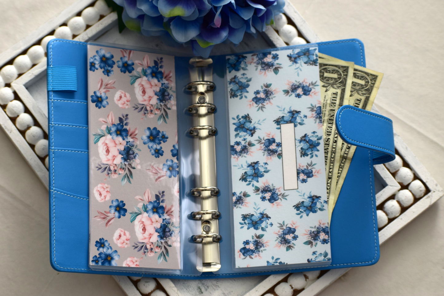 A6 Laminated Cash Envelopes, Cash Binder Envelope, Blue Flower Theme