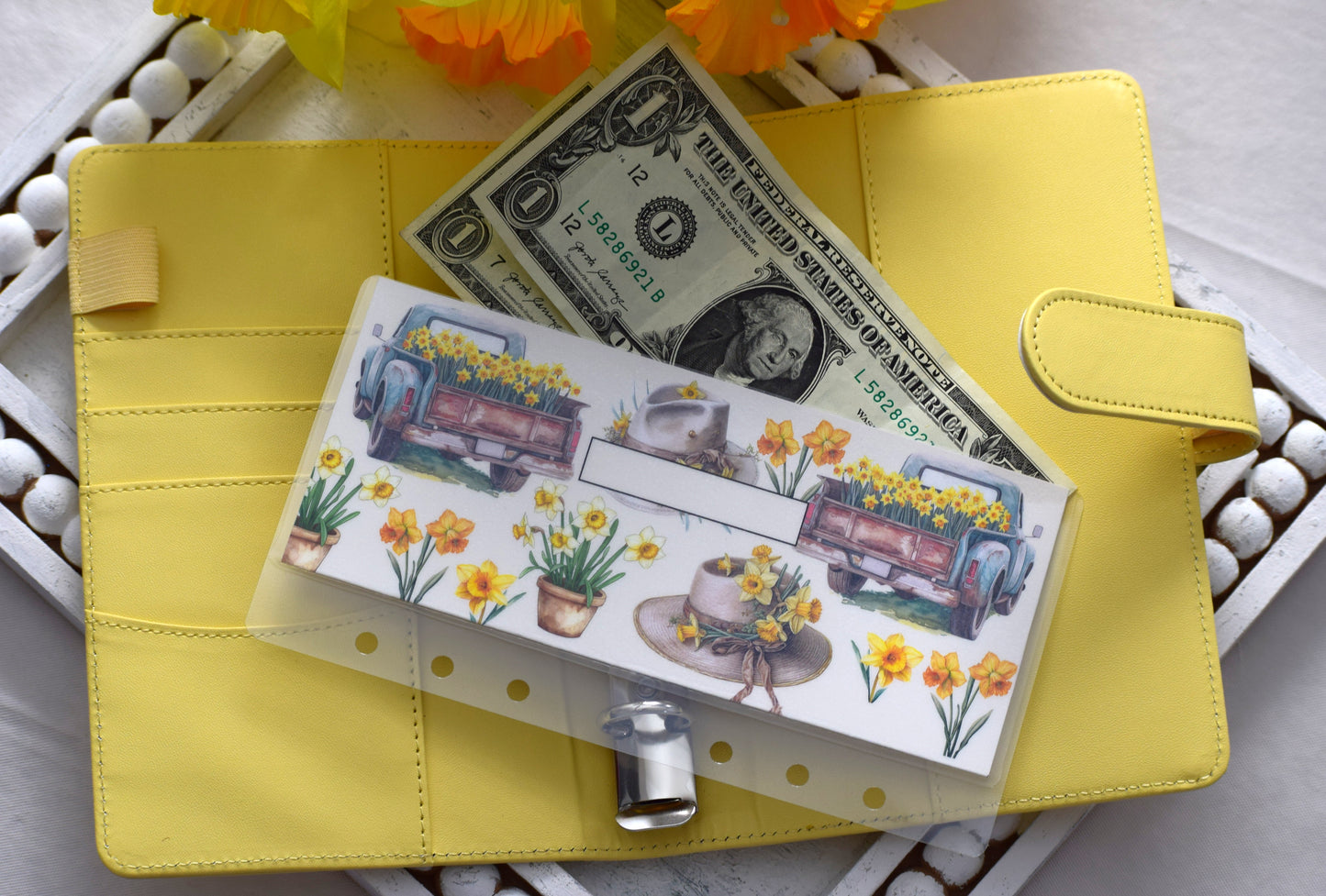 A6 Laminated Cash Envelopes, Cash Binder Envelope, Daffodil Delight Theme