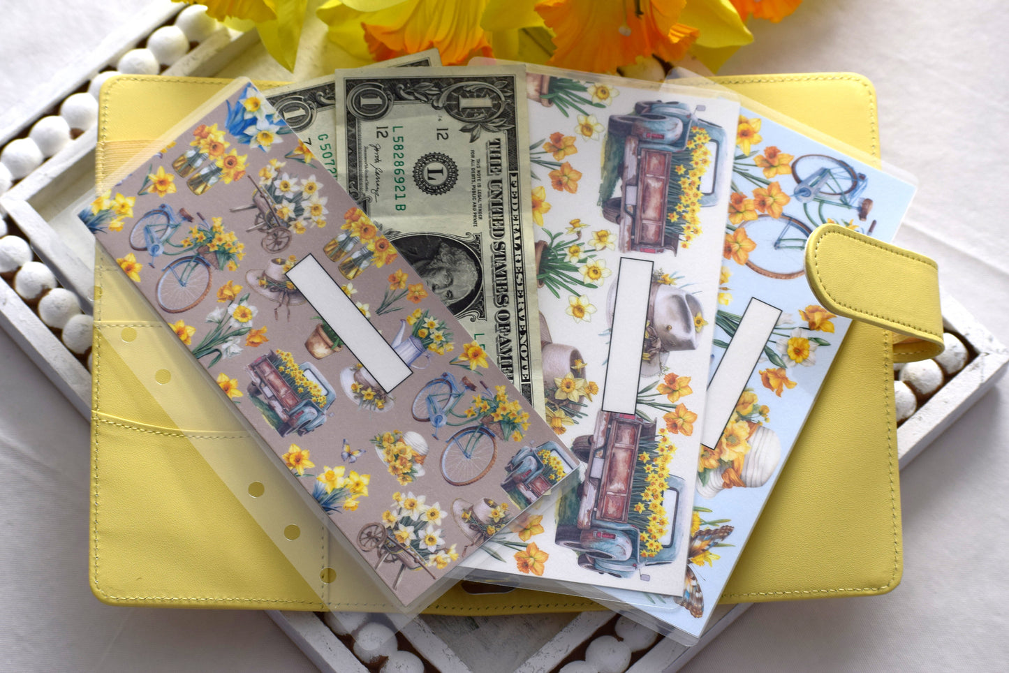 A6 Laminated Cash Envelopes, Cash Binder Envelope, Daffodil Delight Theme