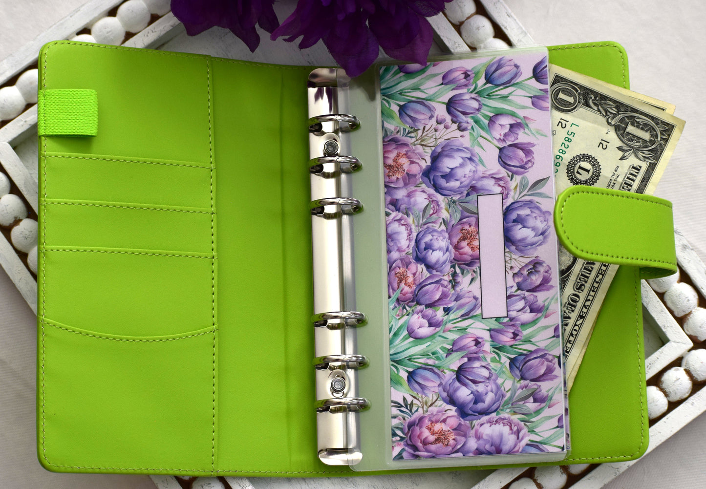 A6 Laminated Cash Envelopes, Cash Binder Envelope, Purple Blooms Theme