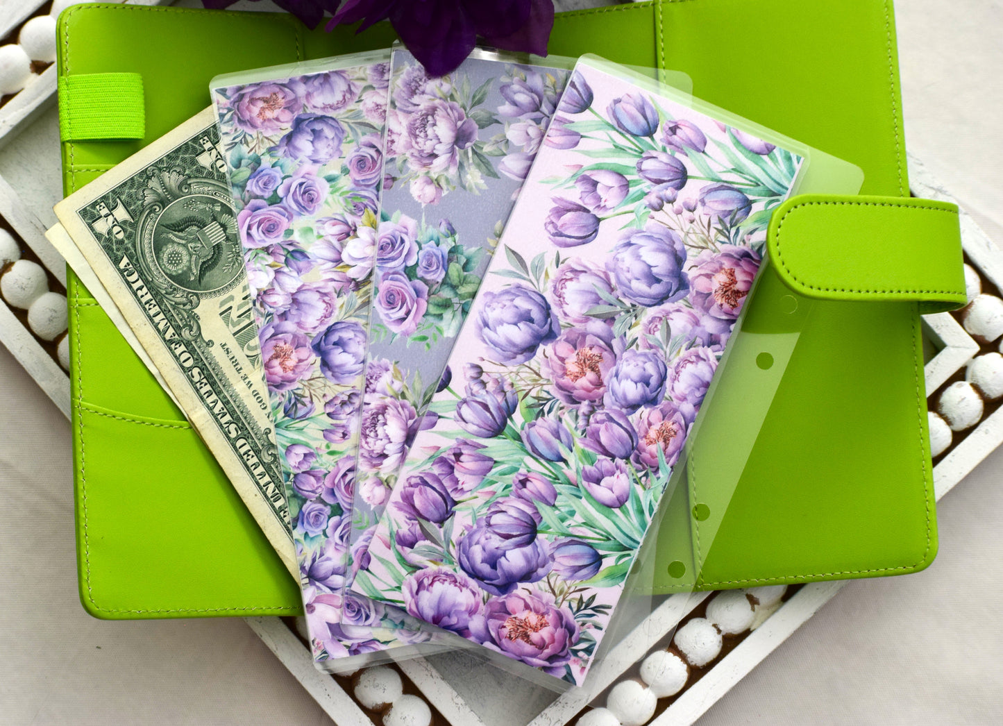 A6 Laminated Cash Envelopes, Cash Binder Envelope, Purple Blooms Theme