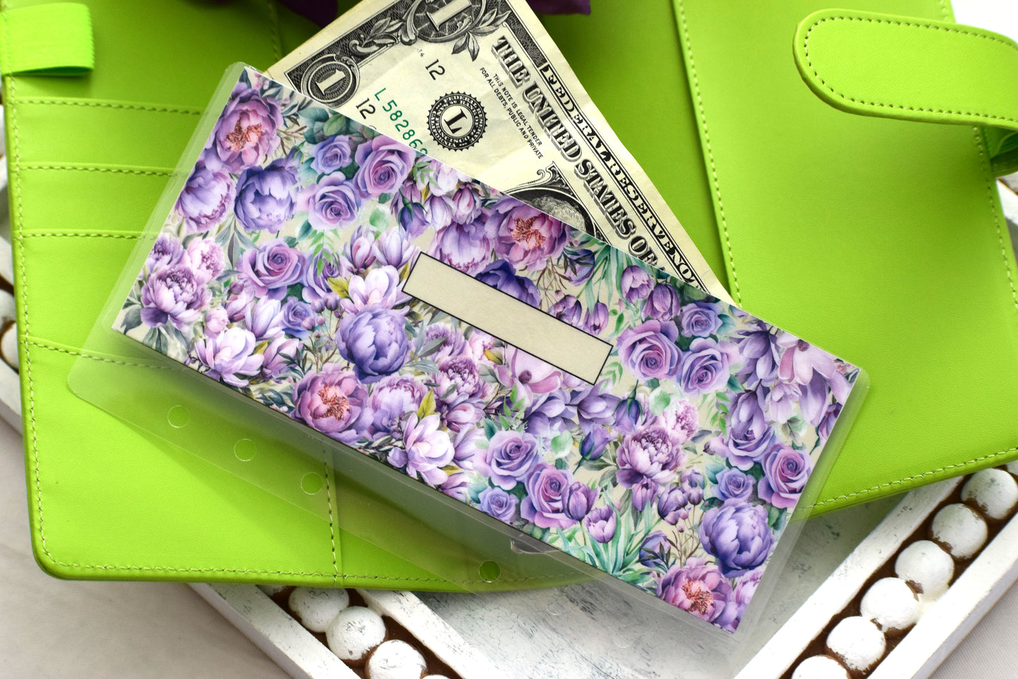 A6 Laminated Cash Envelopes, Cash Binder Envelope, Purple Blooms Theme