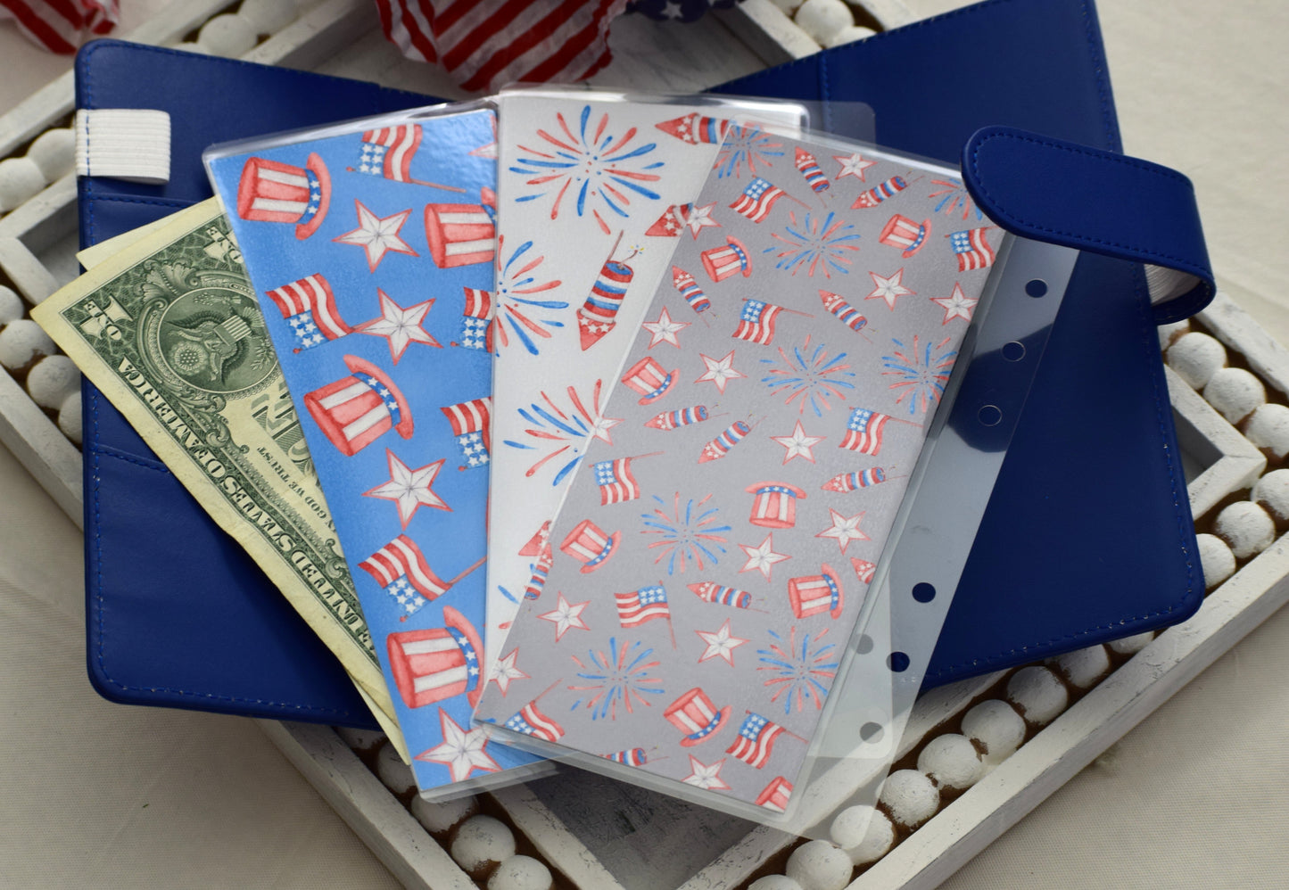A6 Laminated Cash Envelopes, Cash Binder Envelope, Red, White And Blue Theme