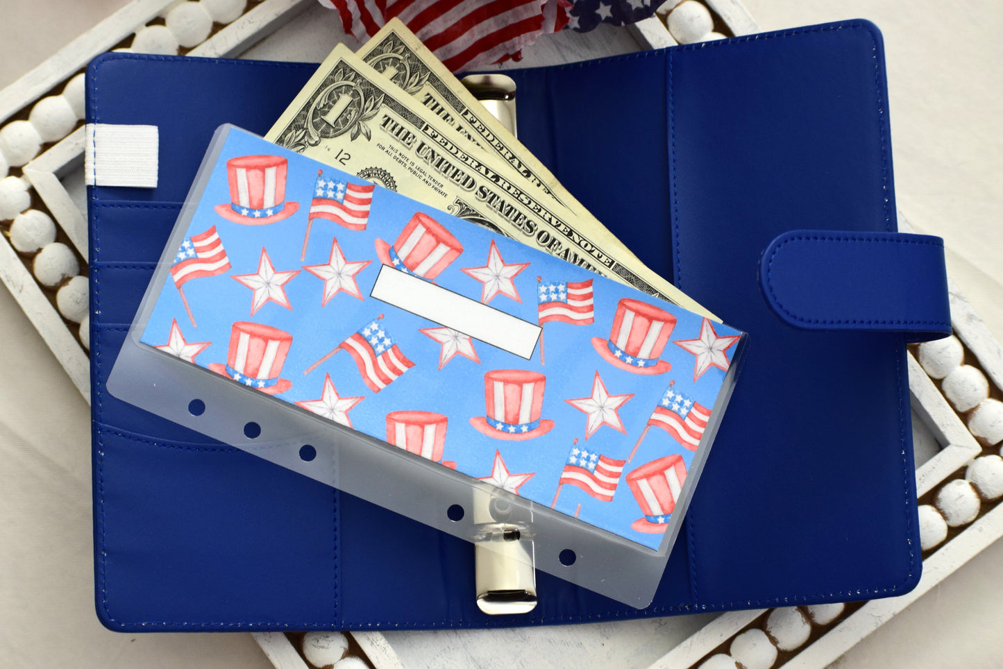 A6 Laminated Cash Envelopes, Cash Binder Envelope, Red, White And Blue Theme