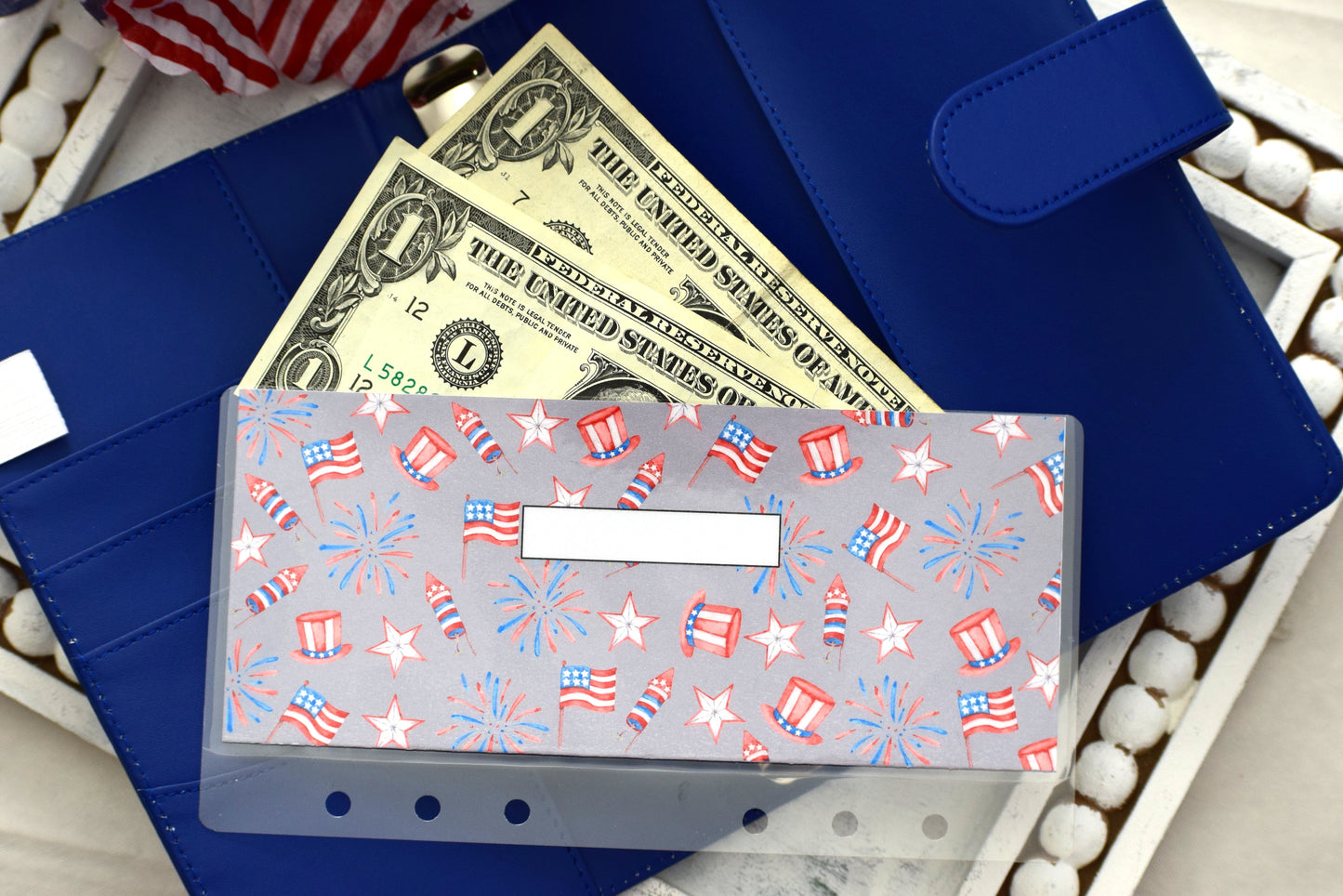 A6 Laminated Cash Envelopes, Cash Binder Envelope, Red, White And Blue Theme