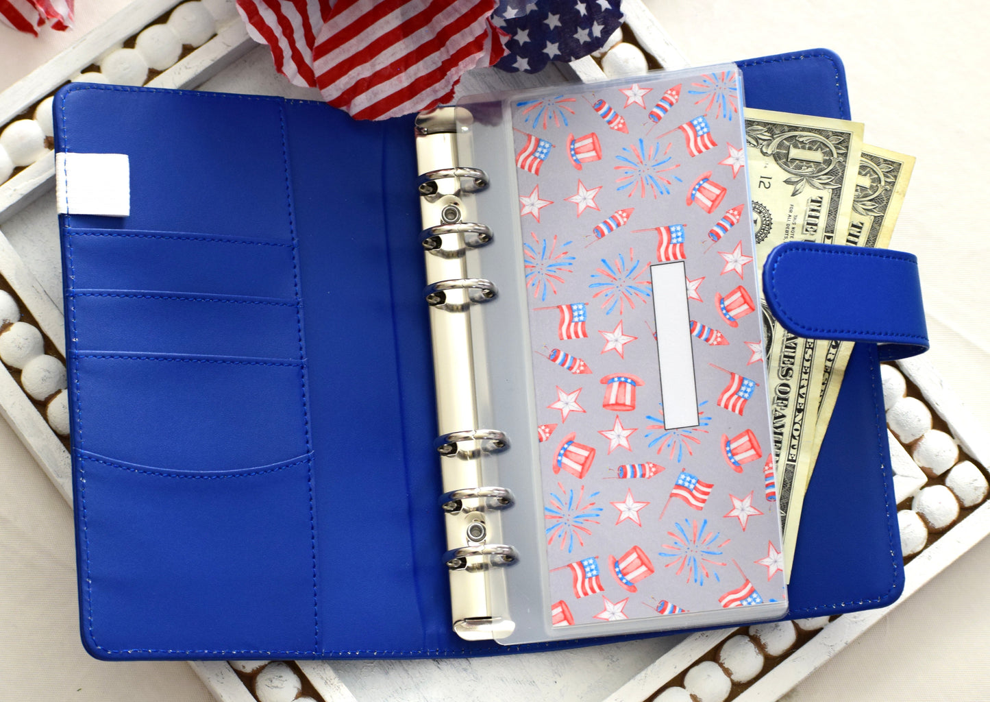 A6 Laminated Cash Envelopes, Cash Binder Envelope, Red, White And Blue Theme