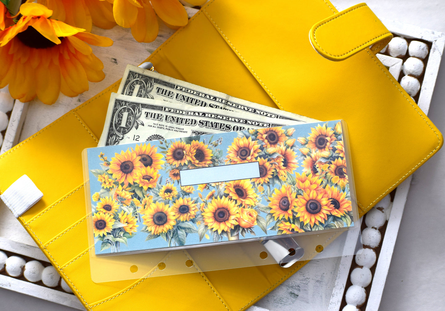 A6 Laminated Cash Envelopes, Cash Binder Envelope, Sunflowers Theme