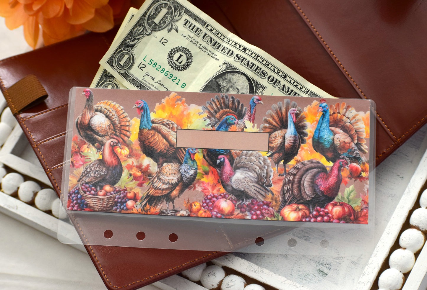 A6 Laminated Cash Envelopes, Cash Binder Envelope, Turkeys! Theme