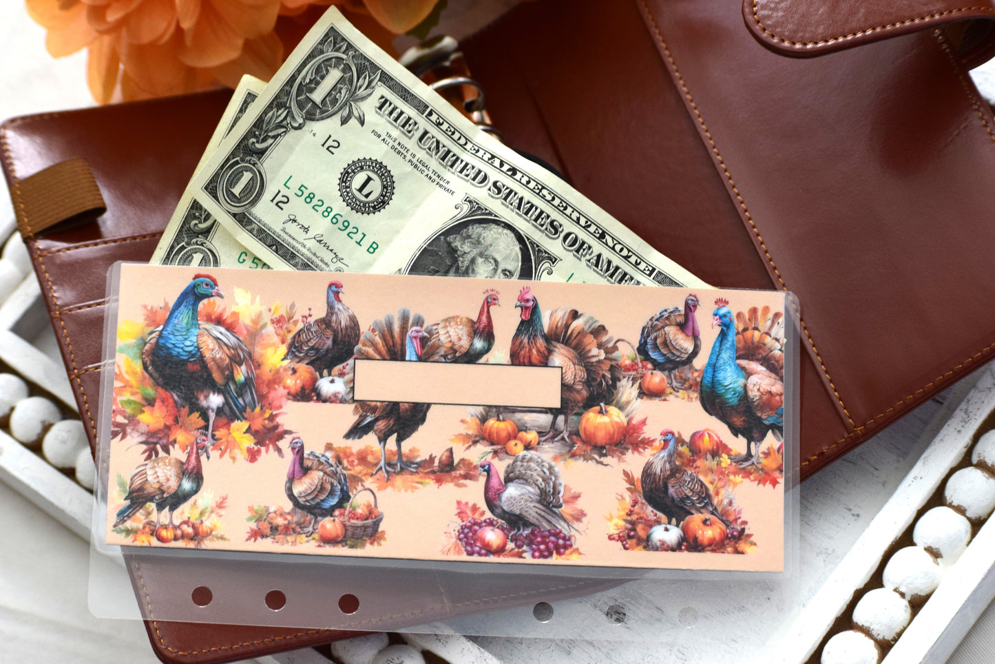A6 Laminated Cash Envelopes, Cash Binder Envelope, Turkeys! Theme