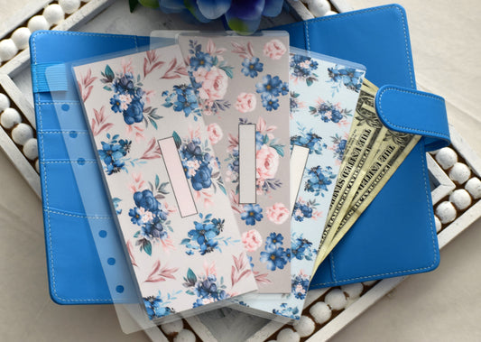 A6 Laminated Cash Envelopes, Cash Binder Envelope, Blue Flower Theme
