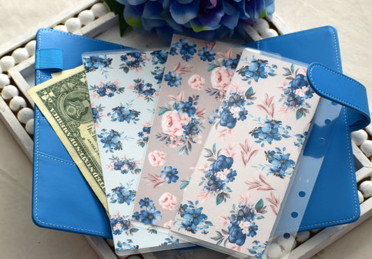 A6 Laminated Cash Envelopes, Cash Binder Envelope, Blue Flower Theme