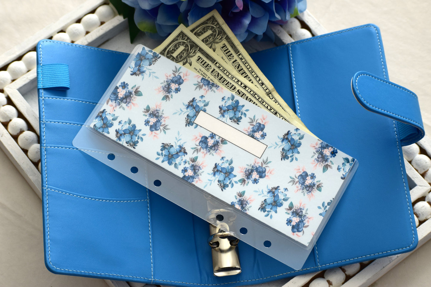 A6 Laminated Cash Envelopes, Cash Binder Envelope, Blue Flower Theme