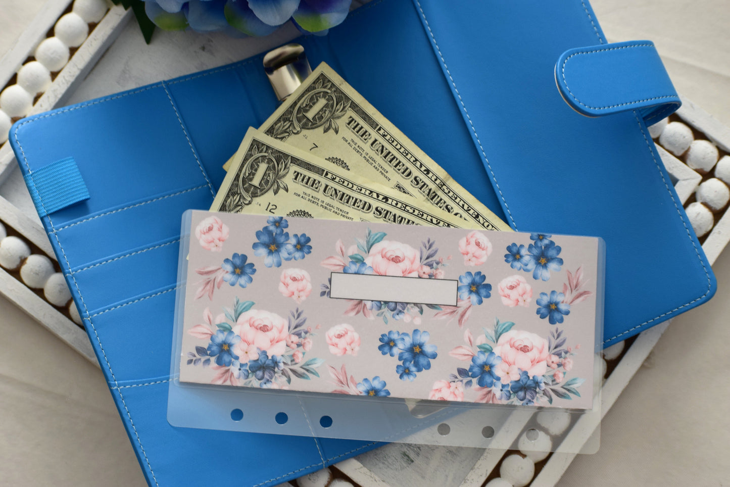 A6 Laminated Cash Envelopes, Cash Binder Envelope, Blue Flower Theme