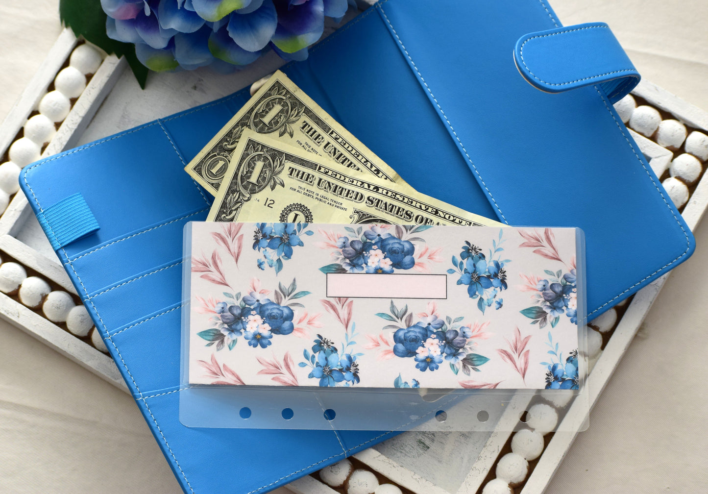 A6 Laminated Cash Envelopes, Cash Binder Envelope, Blue Flower Theme