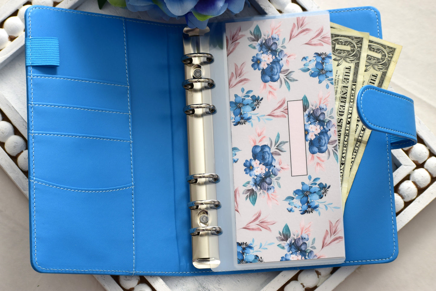A6 Laminated Cash Envelopes, Cash Binder Envelope, Blue Flower Theme