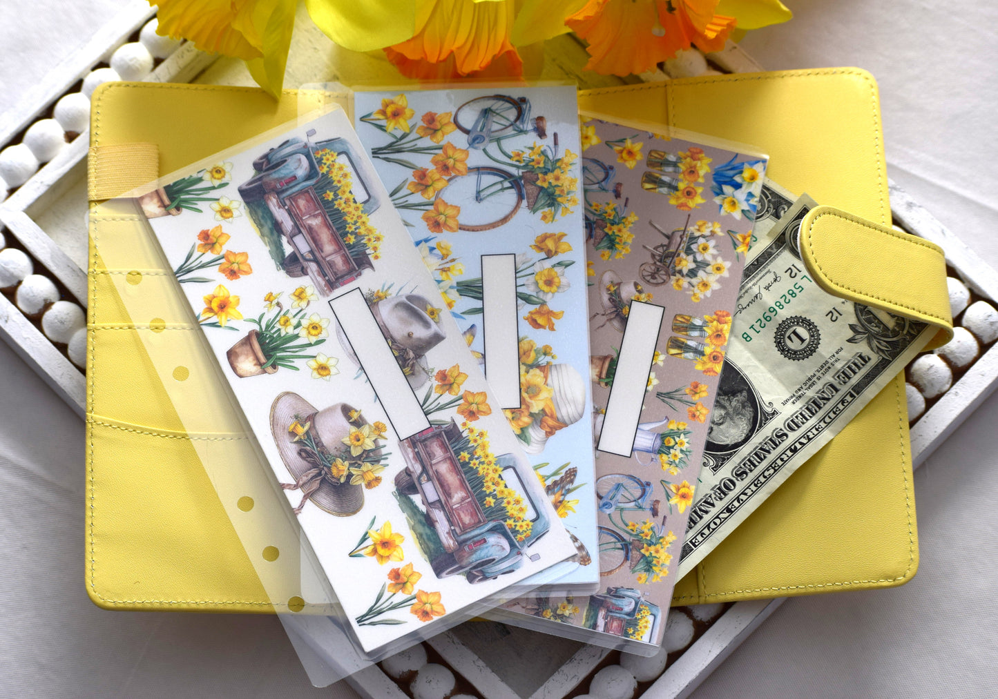 A6 Laminated Cash Envelopes, Cash Binder Envelope, Daffodil Delight Theme