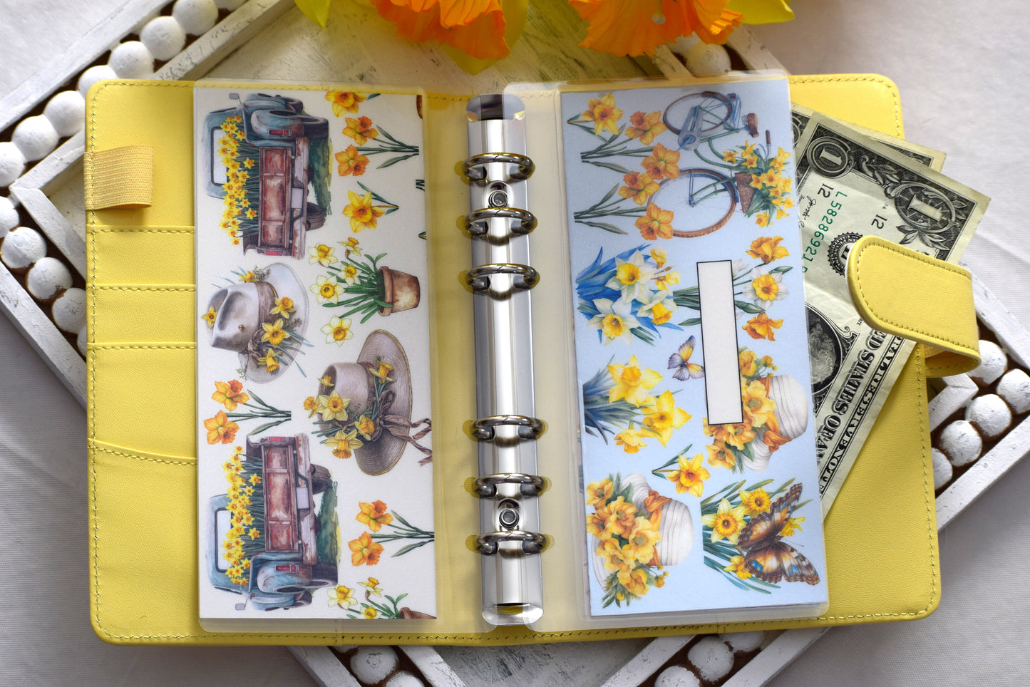 A6 Laminated Cash Envelopes, Cash Binder Envelope, Daffodil Delight Theme