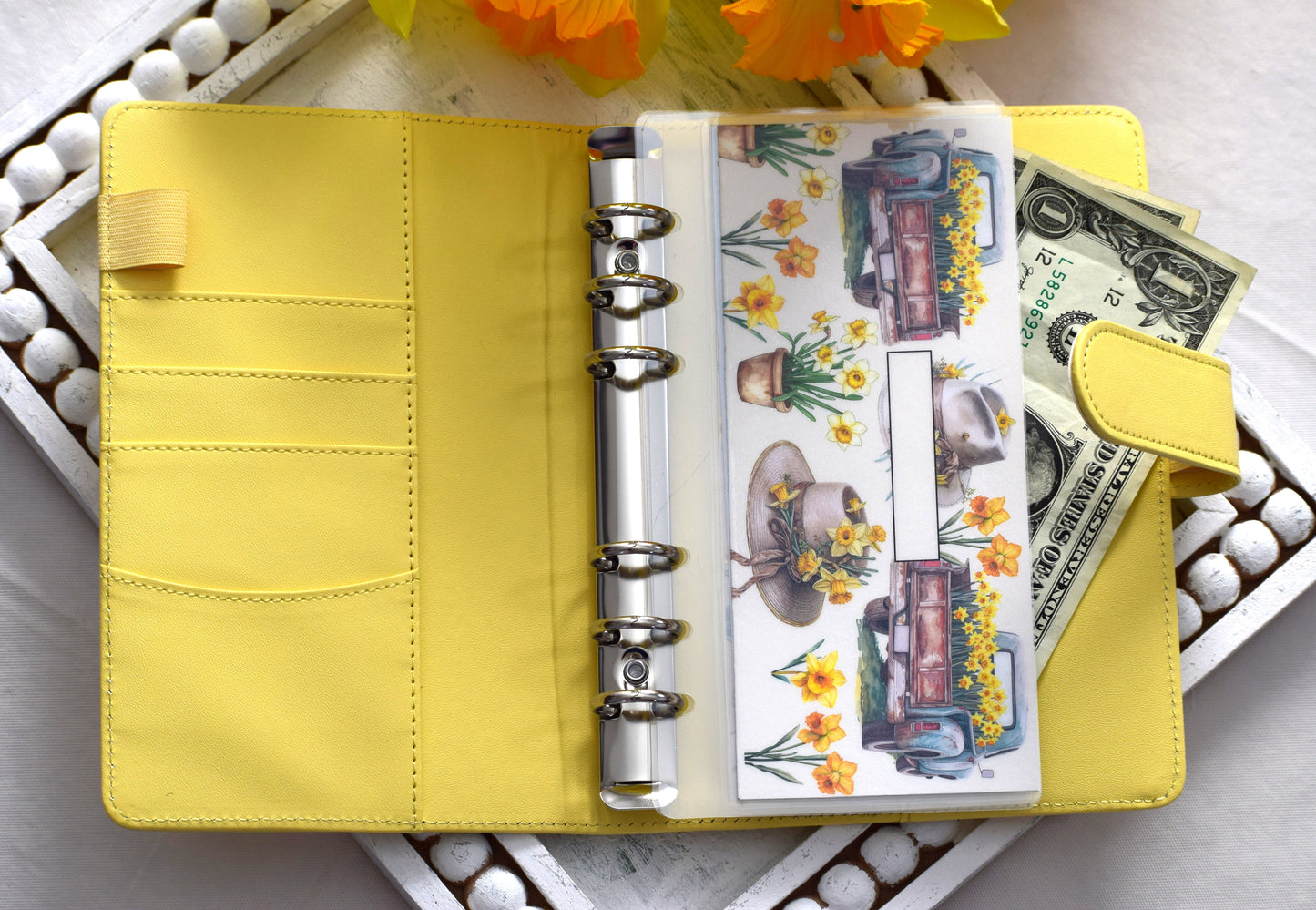 A6 Laminated Cash Envelopes, Cash Binder Envelope, Daffodil Delight Theme