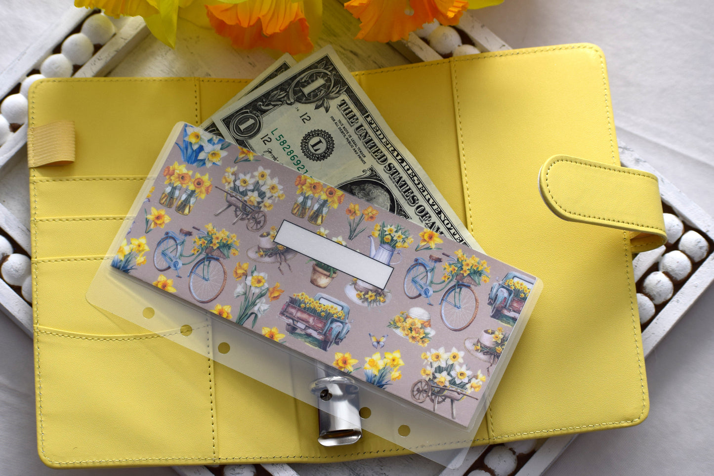 A6 Laminated Cash Envelopes, Cash Binder Envelope, Daffodil Delight Theme