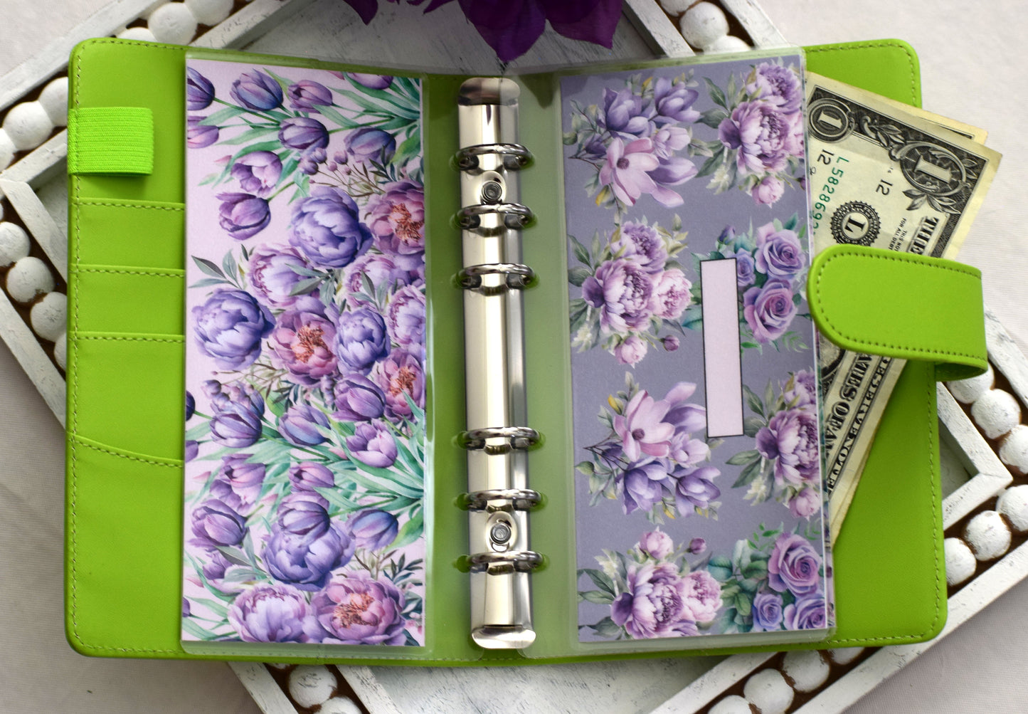 A6 Laminated Cash Envelopes, Cash Binder Envelope, Purple Blooms Theme