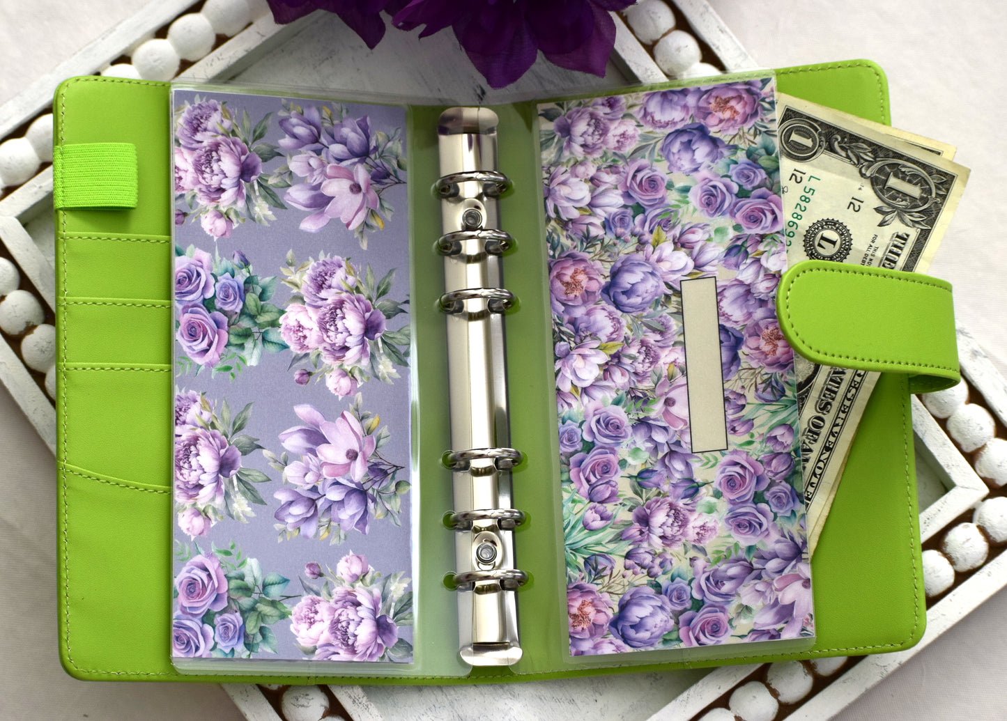 A6 Laminated Cash Envelopes, Cash Binder Envelope, Purple Blooms Theme