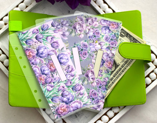 A6 Laminated Cash Envelopes, Cash Binder Envelope, Purple Blooms Theme